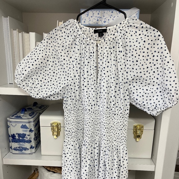 J. Crew White Smocked Dress with Navy Dots - Picture 1 of 1